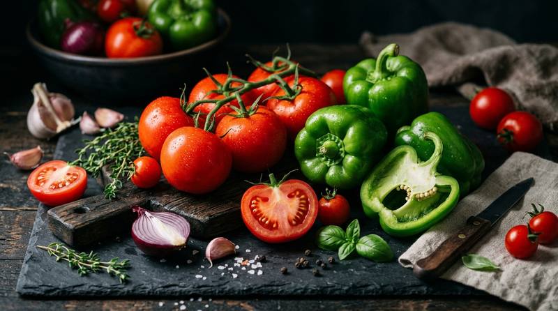 Fresh tomatoes, peppers and herbs on a slate board