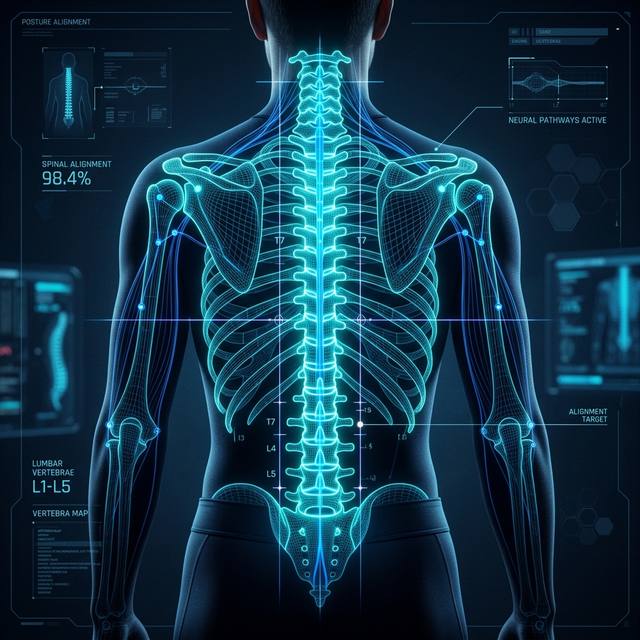 Digital skeleton overlay on a person's back showing spinal alignment