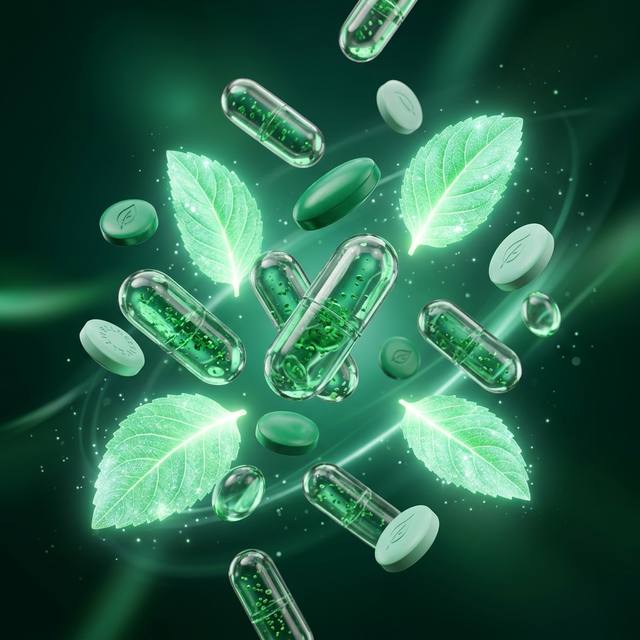 Green capsules and mint leaves floating in the air